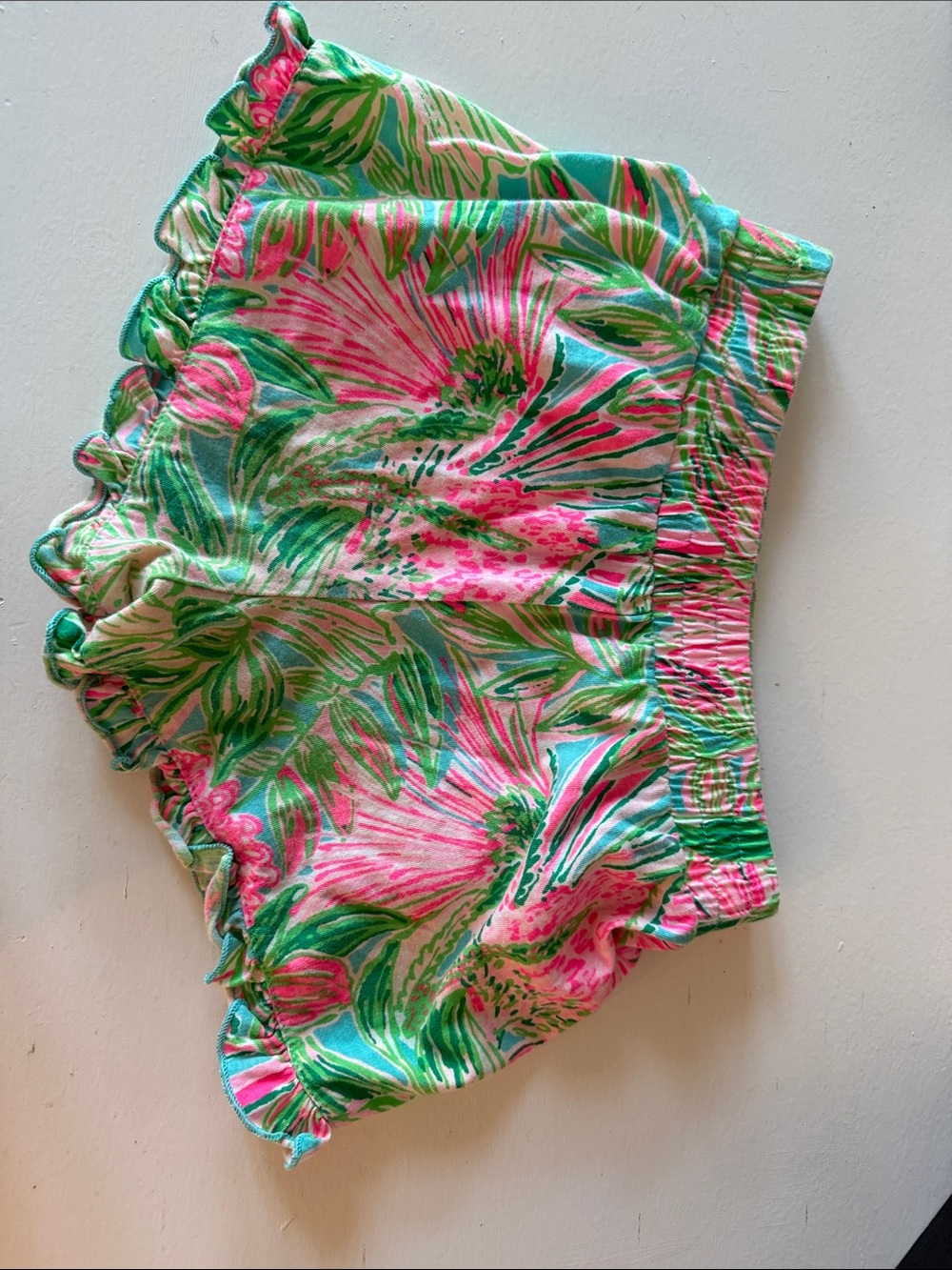 Pink & Green Tropical Ruffle Shorts - Picture 2 of 5